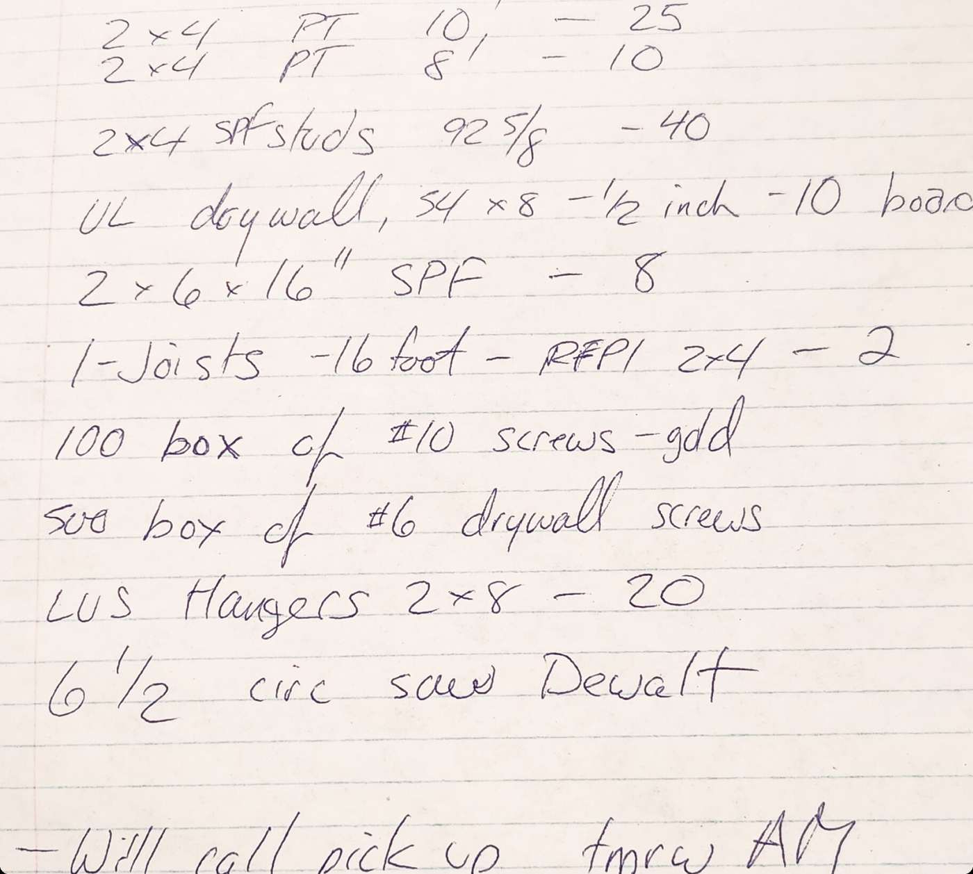 Photo of a customer's handwritten material list on lined paper